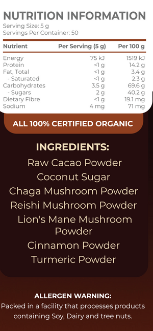 ReVitalise Hot Chocolate Mushroom Nutritional Table