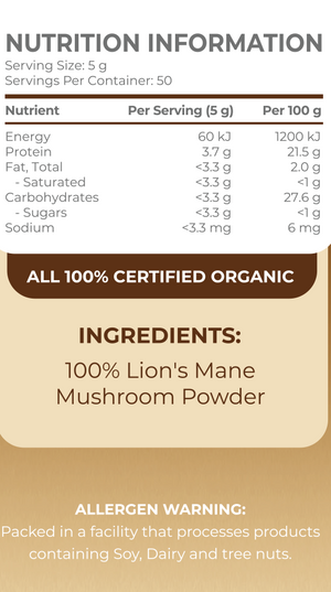 ReVitalise Lion's Mane Nutritonal Table